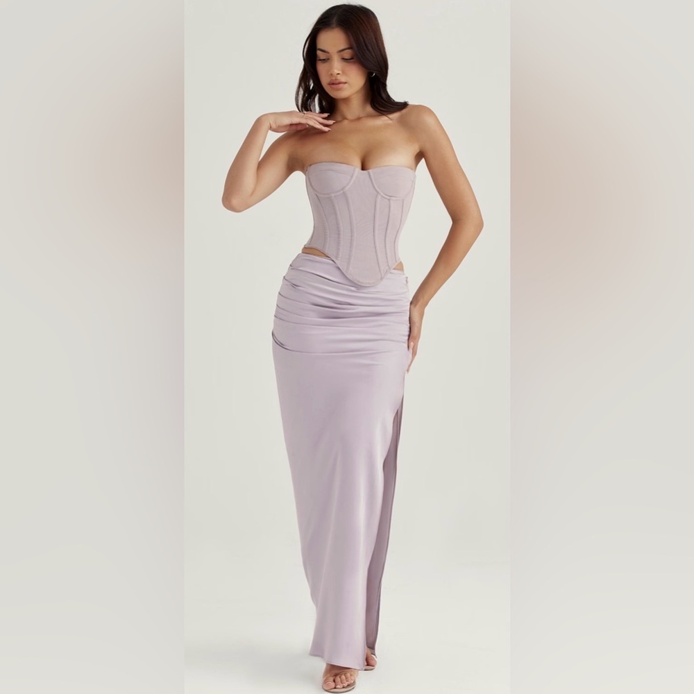 House of CB Jia Grey Satin Gathered Maxi Skirt Slit Sz M